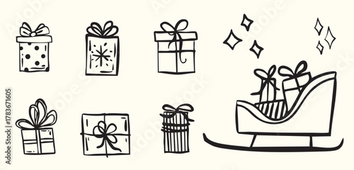 Whimsical christmas sleigh with gifts vector doodle reindeer element transport in simple minimalistic style sketch. Hand drawn line decoration set.