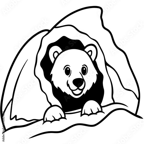 Cute cartoon polar bear peeking out of an icy cave