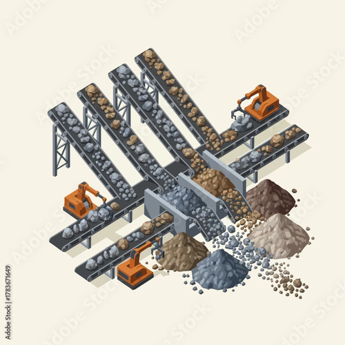 Isometric Mining and Quarrying Operation with Conveyor Belts and Excavators.