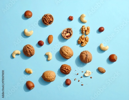 Assortment of Nuts on Light Blue Background.