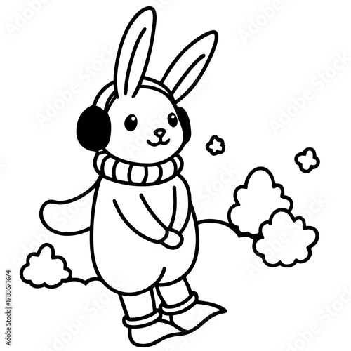 Cute winter bunny wearing ear muffs and scarf