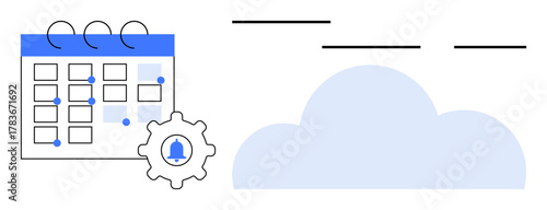 Calendar with marked dates, notification gear icon, and cloud. Ideal for time management, task organization, planning, scheduling, reminders digital tools efficient workflow. Simple flat metaphor