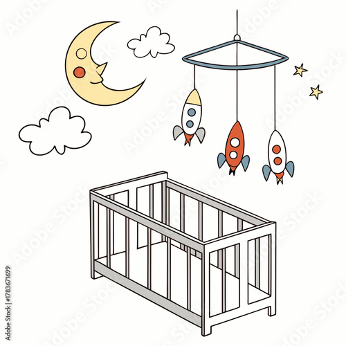 Dreamy nursery with moon clouds rockets and a crib