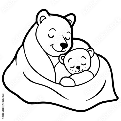 Mother bear cuddles sleeping cub under blanket