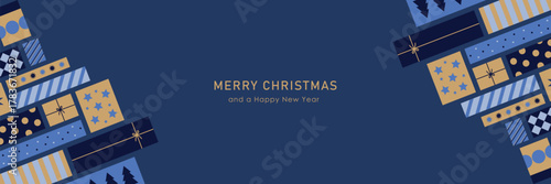 christmas banner with christmas gifts in gold and blue, modern abstract design, isolated vector illustration on blue background, template for banner, invitation, greeting card, poster, backdrop