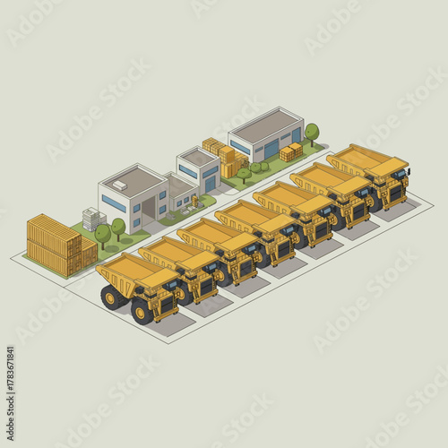 Isometric View of a Fleet of Heavy-Duty Mining Dump Trucks Parked at an Industrial Site.