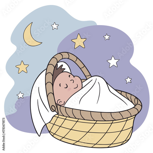 Peaceful baby sleeping in a woven basket under the night sky