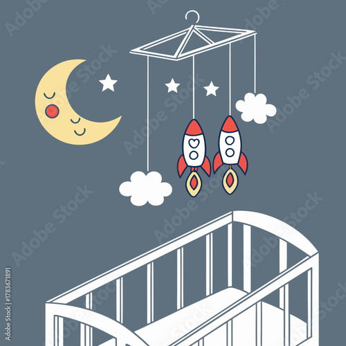 Rocket ship baby mobile above a crib with a sleepy moon
