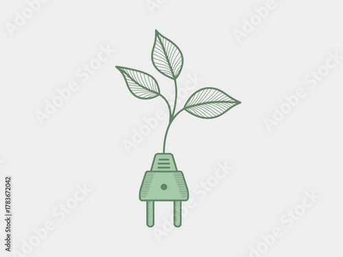 A remarkable illustration depicting a power plug intertwined with green leaves, symbolizing eco-friendliness, sustainability, and the harmony between technology and nature in modern society.