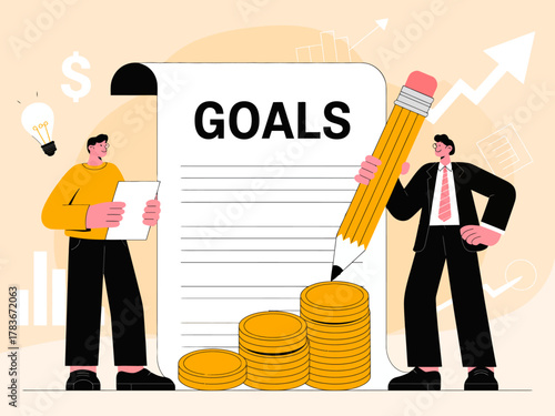 This illustration features two professionals working on a goals checklist, surrounded by symbols of financial progress, emphasizing the importance of planning and teamwork for success.