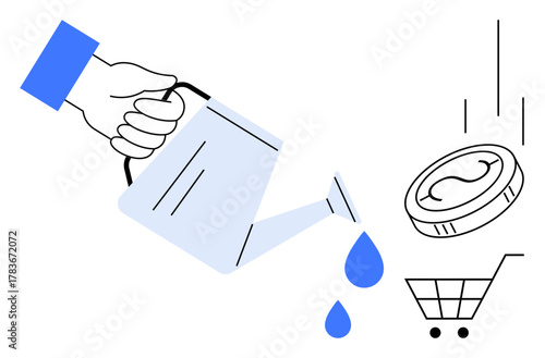 Hand holding watering can, dripping water into shopping cart with falling coin. Ideal for concepts thumbs up investment, growth, saving, economy, business, finance or returns. Simple flat metaphor