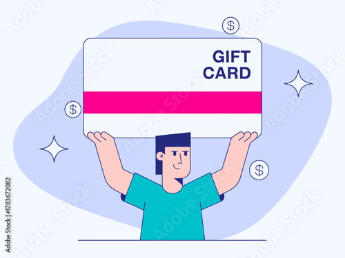 An excited young man holding a large gift card above his head, celebrating a win or reward, embodying joy and positivity in the context of gifting and generosity.