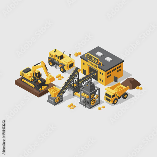 Isometric view of a gold mine with heavy machinery and buildings.