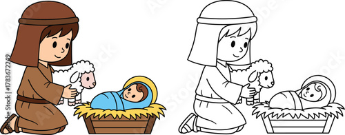 Shepherd Kneeling with Lamb by Baby Jesus in Manger Nativity Scene Vector Illustration