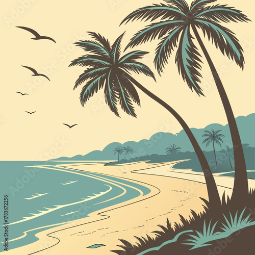 Tropical beach scene with palm trees and flying birds