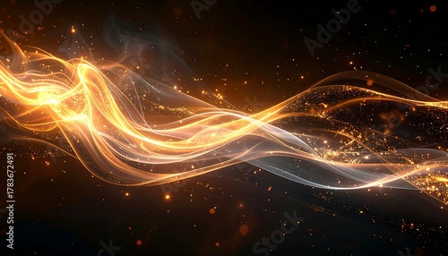 Abstract scene of radiant energy currents flowing through the air, soft light beams intertwining with glowing particles and sparks