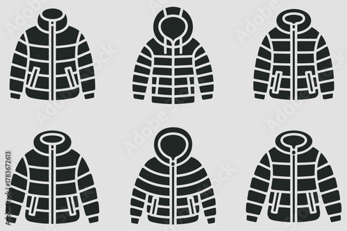 Set of puffer jacket icons in various designs Winter apparel concept