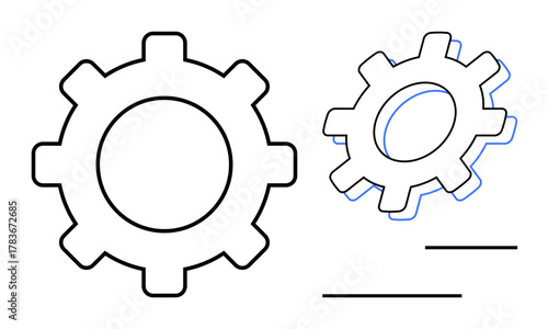 Two black and blue outlined gear figures in simplistic design, symbolizing connection, collaboration, and efficiency. Ideal for teamwork, engineering, process management, innovation, problem-solving