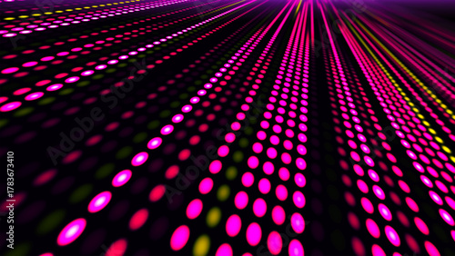 Digital flow. Light dynamics and pixel energy. The illustration shows a bright LED panel where bright multi-colored stripes create the effect of movement and energy. Vector illustration.
