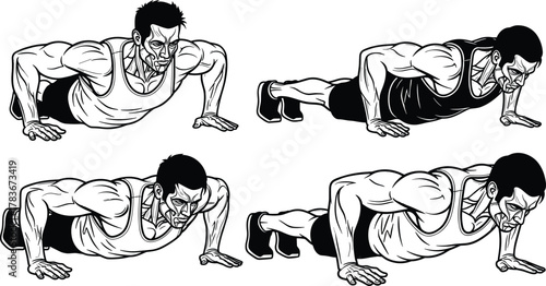 Push up exercise illustration, muscular man workout, fitness training vector, strength body anatomy, gym posture guide, bodybuilding drawing, health sport art