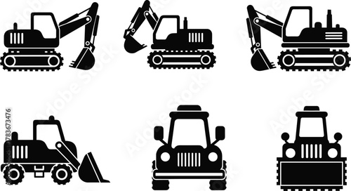 Heavy Construction Equipment Silhouette Vector Icons Set, Excavators, Bulldozers, and Wheel Loaders Graphic Collection, Industrial Machinery Elements for Engineering and Earth Moving Projects.