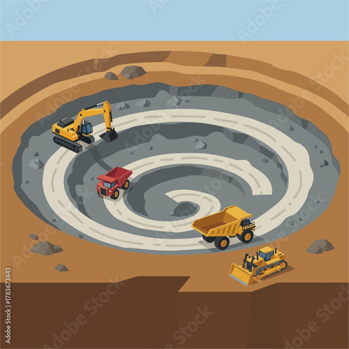 Open-pit mining operation with heavy machinery at work.