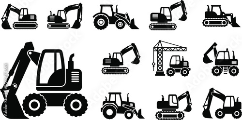 Heavy Construction Equipment Silhouette Vector Icons Set, Excavators, Bulldozers, Cranes, and Loaders Graphic Collection, Industrial Machinery Elements for Engineering and Building Projects.