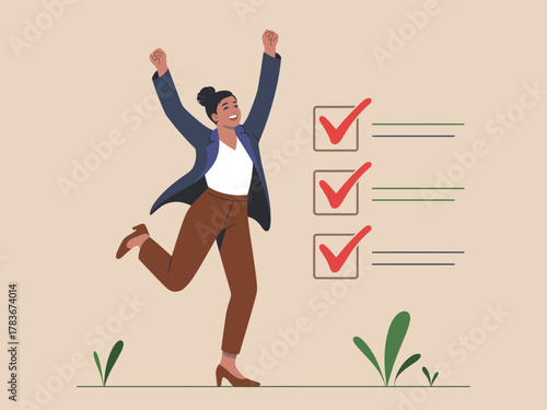 An illustration of a jubilant woman celebrating her completed tasks, embodying happiness and achievement, representing success and the satisfaction of reaching personal goals.