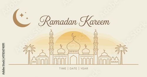 A beautiful design featuring a mosque silhouette, crescent moon, and stars, perfect for conveying warm wishes during the holy month of Ramadan. Capture the spirit of the season.