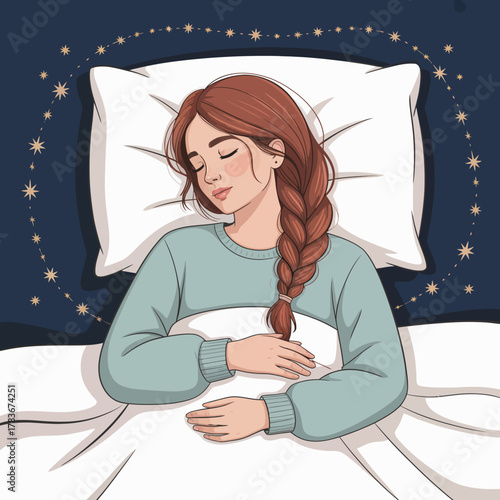 This serene image illustrates a woman peacefully sleeping under a starry sky, evoking feelings of calmness and tranquility, highlighting the importance of restful sleep.