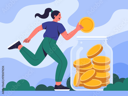 A cheerful person joyfully runs while holding a coin, symbolizing savings and financial growth, as they approach a large jar filled with golden coins, representing wealth.