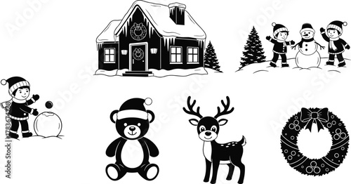 Black and White Winter and Christmas Cartoon Vector Set: Snowy House, Kids Building Snowman, Cute Reindeer, Teddy Bear with Santa Hat, and Holiday Wreath Icons.