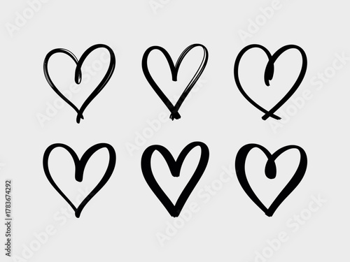 A collection of six unique hand-drawn heart shapes, expressing various emotions and styles, perfect for romantic or artistic projects.