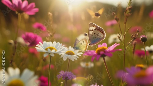Delicate butterfly lands on vibrant pink cosmos flower in sun-drenched meadow with daisies and soft bokeh background