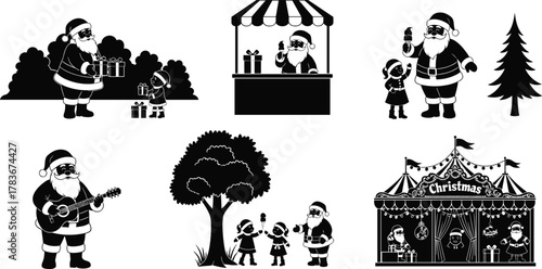 Black and White Santa Claus Silhouettes Vector Set, Christmas Holiday Scenes, Characters with Children, Gifts, Market Stall, Guitar, and Circus Tent Outline Icons for Festive Design.