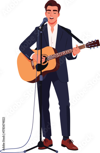 Digital artwork of a confident and expressive male artist, combining both singing and guitar playing, showcasing multitasking talent in the music industry