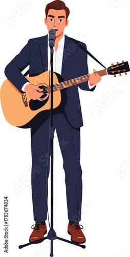 Full-body cartoon graphic of a singer-guitarist, suitable for events, concerts, or venues that feature live acoustic sets, folk, or pop music