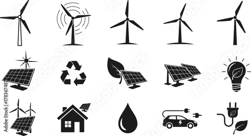 Renewable energy icons, wind turbine, solar panel, recycling, eco friendly electricity, sustainable future, green technology, electric car, water conservation, environment