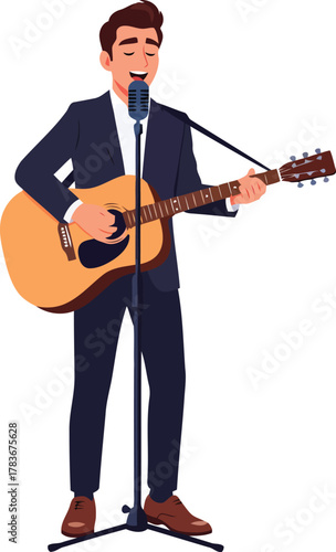 An illustration of a male artist in a stylish suit, passionately singing into a microphone while skillfully playing an acoustic guitar