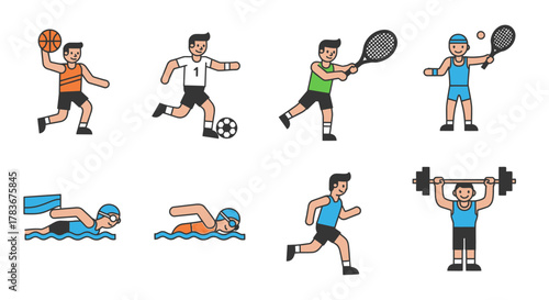 Diverse athletic pursuits and fitness activities represented in simplified character illustrations
