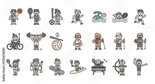 Diverse cartoon athletes involved in various sports activities and fitness pursuits in uniform
