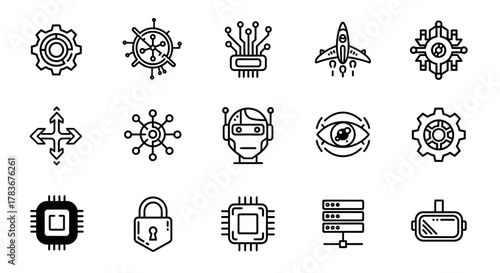 A collection of futuristic technology and innovation icons with clean line work representing