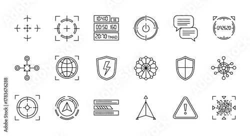 Diverse set of schematic icons representing security technology and communication network