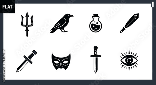 Mystical Symbol Collection: Flat Black and White Vector Illustration Depicting Magic and Fantasy