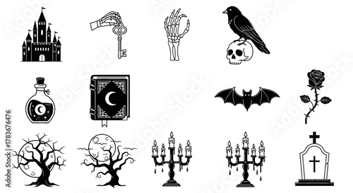 Collection of spooky icons and drawings for halloween season in black and white design isolated