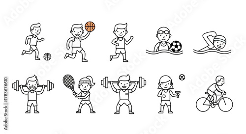 Collection of minimalist line drawings illustrating various sports and athletic activities
