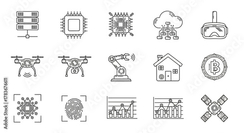 Modern Technology Icons Set: A Visual Representation of Innovation and Digital Progress