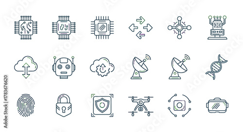 A comprehensive line drawing icon set representing diverse technology and innovation concepts