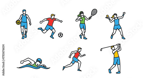 Diverse sporting activities depicted in outlined style illustration promoting an active lifestyle