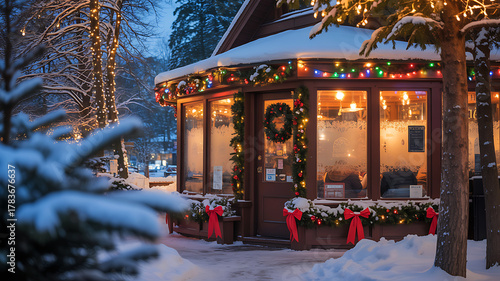 Cozy winter cafe with Christmas lights and snow covered trees image